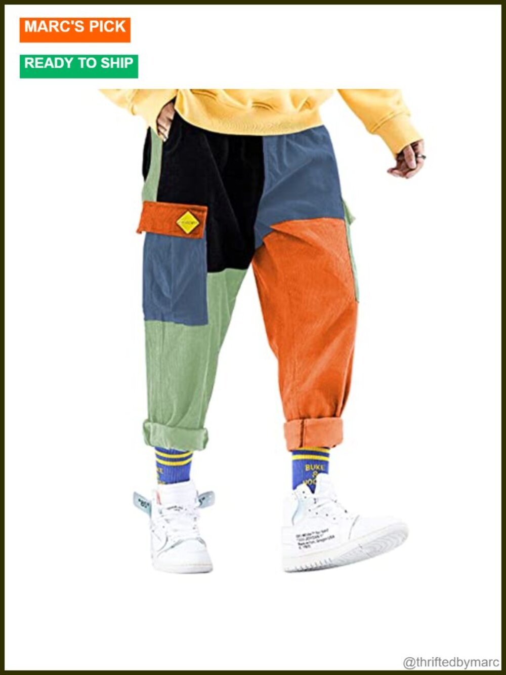 Color Patchwork Cargo Corduroy Jogger Pants Multi-Pockets Tapered Streetwear